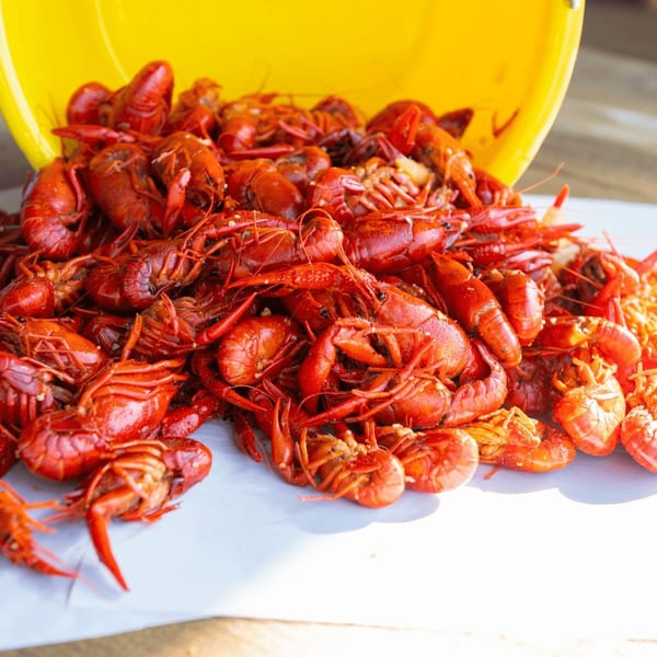 A yellow bucket overturned, spilling a large pile of bright red cooked crawfish onto a white surface.